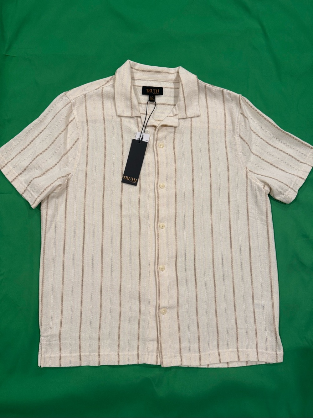Truth Men's Cream Short-Sleeve Button-Up Shirt with Tan Stripes